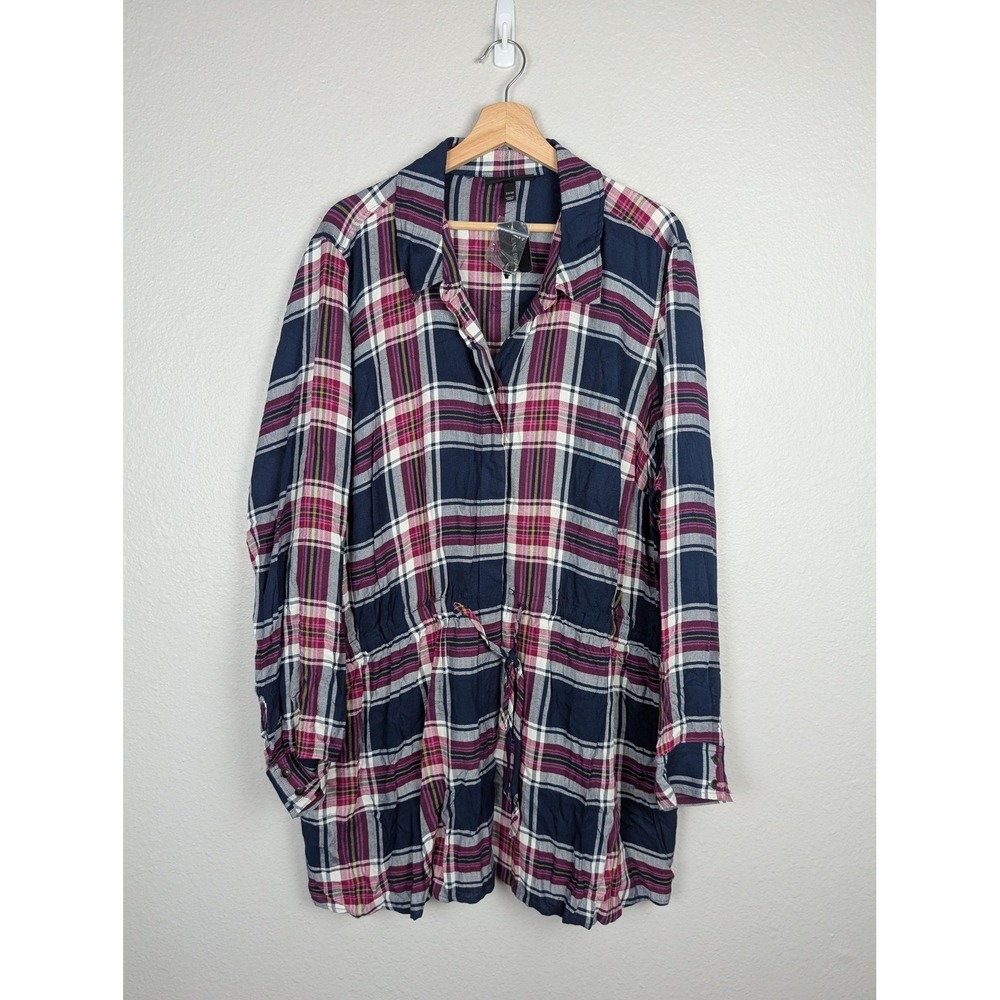 Lane Bryant Tunicโ Shirt Womens 22/24 Blue Plaid Belted Button Long Sleeve Top